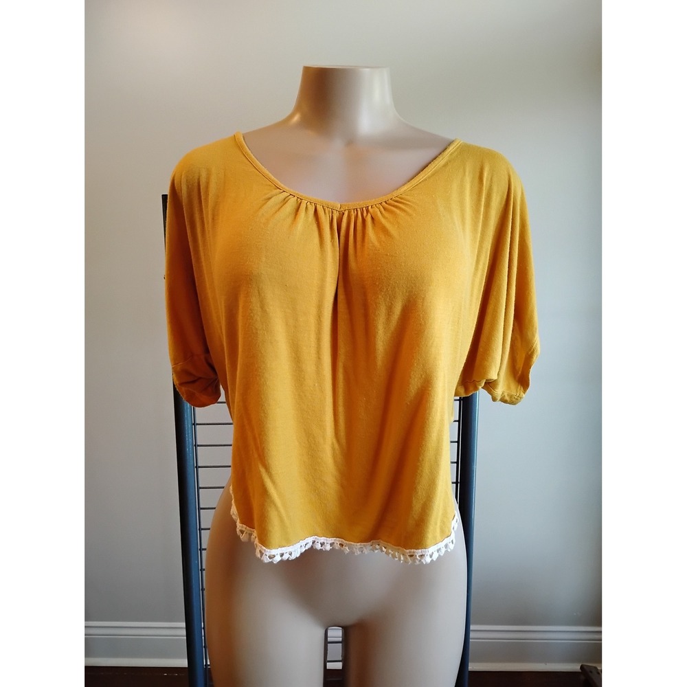 Annabelle USA Mustard Yellow Pom Pom Trim Boho Dolman Sleeve Top TA3461 Medium